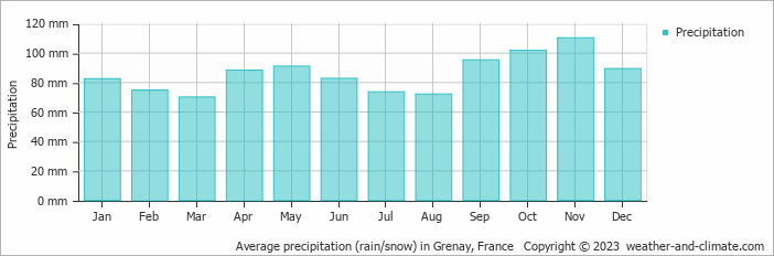 Average monthly rainfall, snow, precipitation in Grenay, France