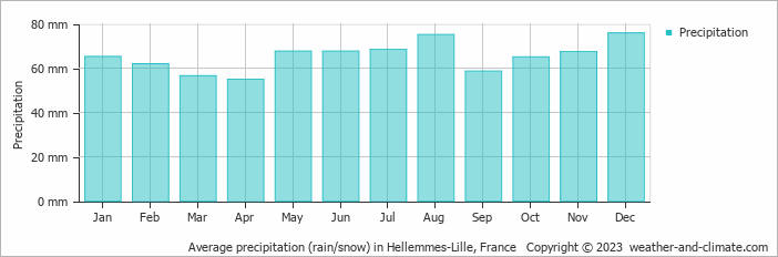 Average monthly rainfall, snow, precipitation in Hellemmes-Lille, 