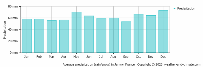 Average monthly rainfall, snow, precipitation in Janvry, France