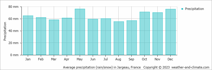 Average monthly rainfall, snow, precipitation in Jargeau, France