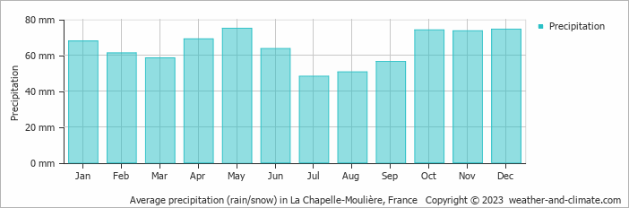 Average monthly rainfall, snow, precipitation in La Chapelle-Moulière, France