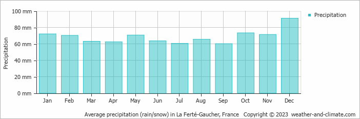 Average monthly rainfall, snow, precipitation in La Ferté-Gaucher, 