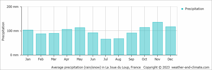 Average monthly rainfall, snow, precipitation in La Joue du Loup, France