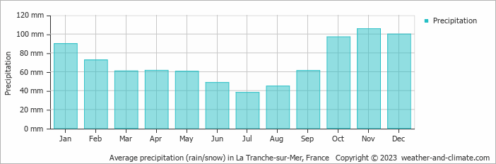 Average monthly rainfall, snow, precipitation in La Tranche-sur-Mer, France