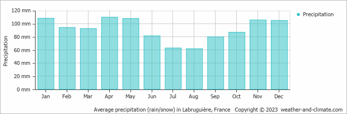 Average monthly rainfall, snow, precipitation in Labruguière, France