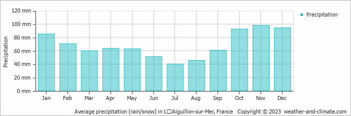 Average monthly rainfall, snow, precipitation in LʼAiguillon-sur-Mer, France