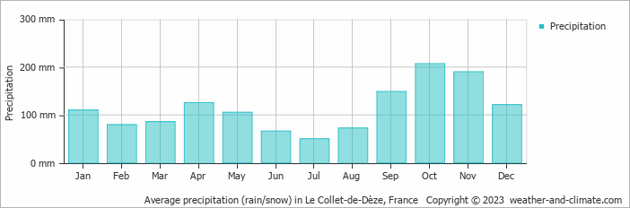 Average monthly rainfall, snow, precipitation in Le Collet-de-Dèze, 