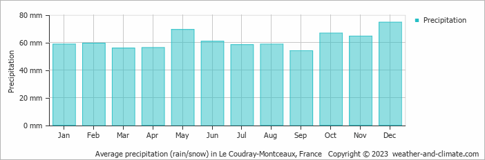 Average monthly rainfall, snow, precipitation in Le Coudray-Montceaux, France