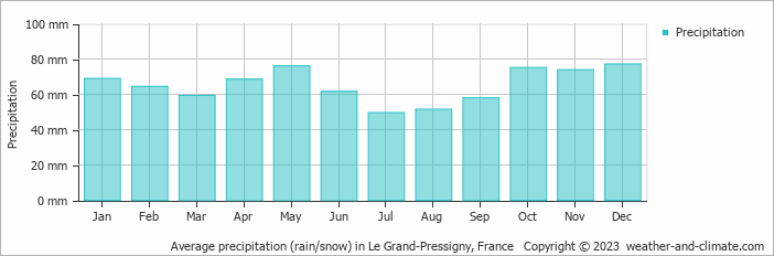 Average monthly rainfall, snow, precipitation in Le Grand-Pressigny, France