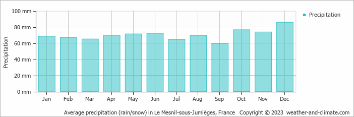 Average monthly rainfall, snow, precipitation in Le Mesnil-sous-Jumièges, France