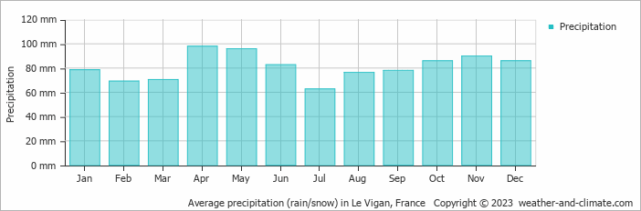 Average monthly rainfall, snow, precipitation in Le Vigan, France