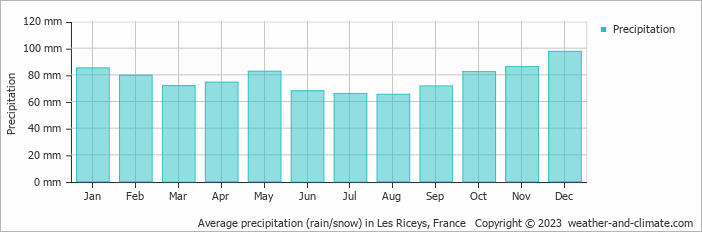 Average monthly rainfall, snow, precipitation in Les Riceys, France