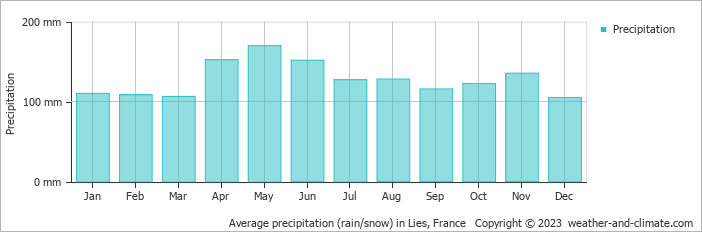 Average monthly rainfall, snow, precipitation in Lies, France
