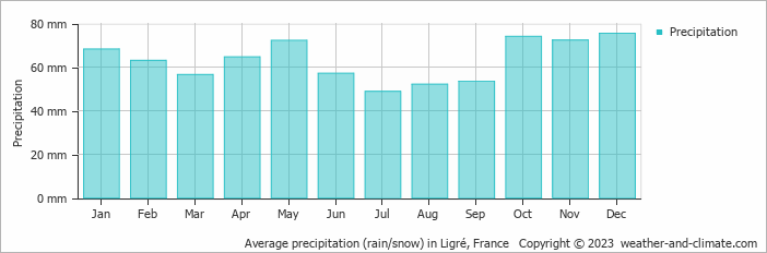 Average monthly rainfall, snow, precipitation in Ligré, France