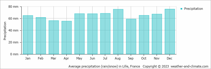 Average monthly rainfall, snow, precipitation in Lille, France