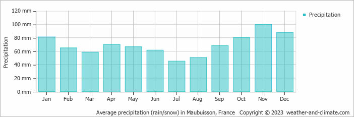 Average monthly rainfall, snow, precipitation in Maubuisson, France