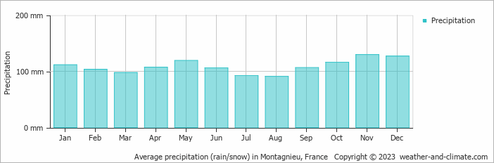 Average monthly rainfall, snow, precipitation in Montagnieu, France