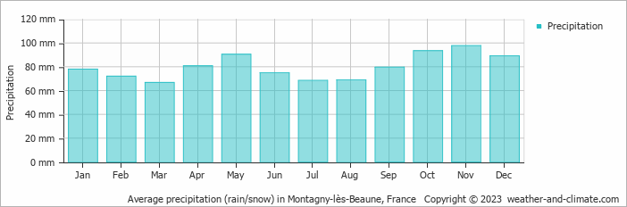 Average monthly rainfall, snow, precipitation in Montagny-lès-Beaune, 