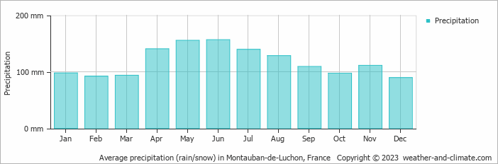 Average monthly rainfall, snow, precipitation in Montauban-de-Luchon, France