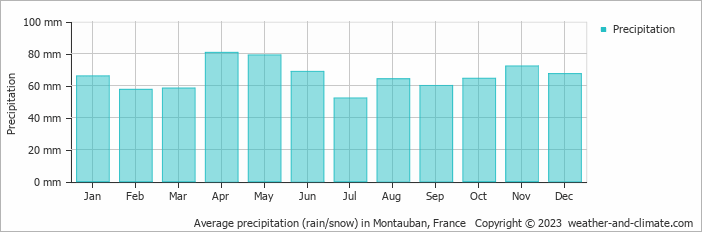 Average monthly rainfall, snow, precipitation in Montauban, France