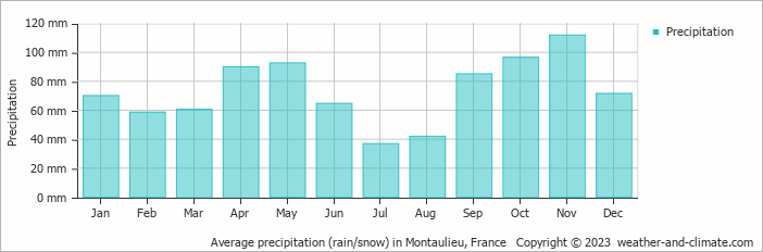 Average monthly rainfall, snow, precipitation in Montaulieu, France