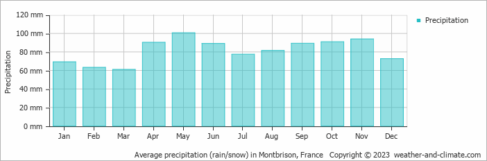 Average monthly rainfall, snow, precipitation in Montbrison, France