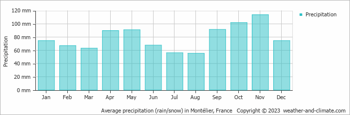 Average monthly rainfall, snow, precipitation in Montélier, France