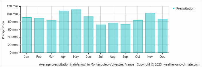 Average monthly rainfall, snow, precipitation in Montesquieu-Volvestre, France
