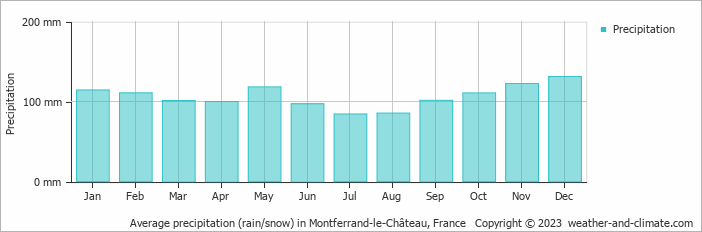 Average monthly rainfall, snow, precipitation in Montferrand-le-Château, France