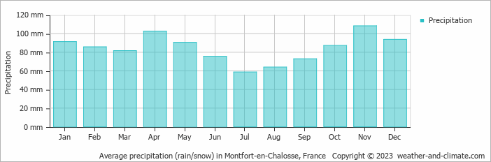 Average monthly rainfall, snow, precipitation in Montfort-en-Chalosse, France