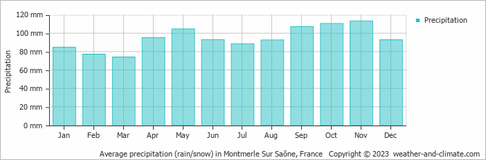Average monthly rainfall, snow, precipitation in Montmerle Sur Saône, France