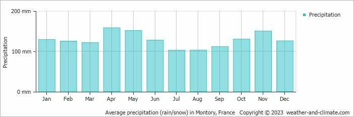 Average monthly rainfall, snow, precipitation in Montory, France