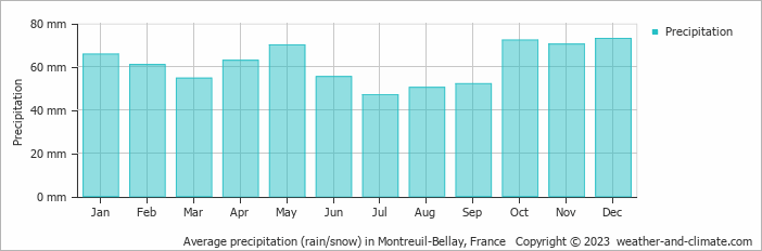 Average monthly rainfall, snow, precipitation in Montreuil-Bellay, France