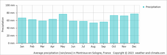 Average monthly rainfall, snow, precipitation in Montrieux-en-Sologne, France