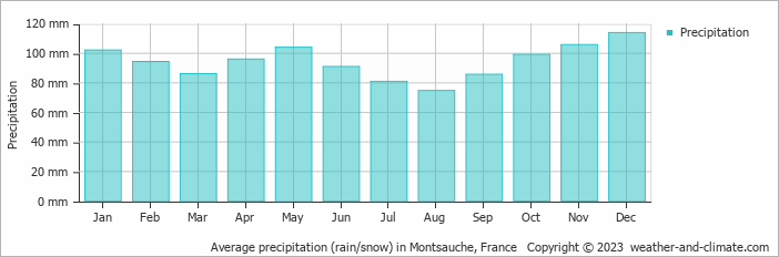Average monthly rainfall, snow, precipitation in Montsauche, France