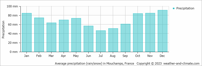 Average monthly rainfall, snow, precipitation in Mouchamps, France