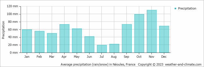Average monthly rainfall, snow, precipitation in Néoules, France