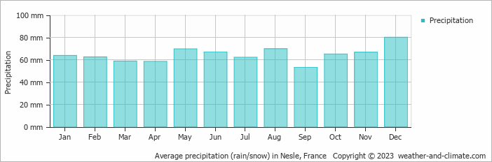 Average monthly rainfall, snow, precipitation in Nesle, France
