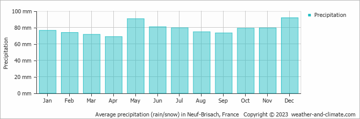 Average monthly rainfall, snow, precipitation in Neuf-Brisach, France
