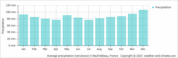 Average monthly rainfall, snow, precipitation in Neufchâteau, France
