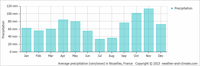 Average monthly rainfall, snow, precipitation in Niozelles, France