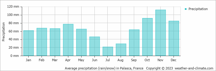 Average monthly rainfall, snow, precipitation in Palasca, France