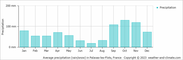 Average monthly rainfall, snow, precipitation in Palavas-les-Flots, France