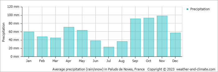 Average monthly rainfall, snow, precipitation in Paluds de Noves, France