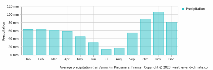 Average monthly rainfall, snow, precipitation in Pietranera, France