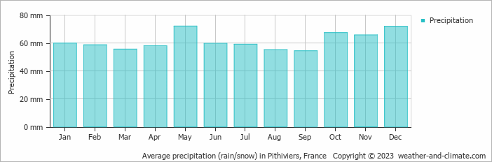 Average monthly rainfall, snow, precipitation in Pithiviers, France