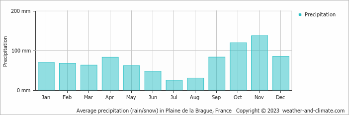 Average monthly rainfall, snow, precipitation in Plaine de la Brague, France