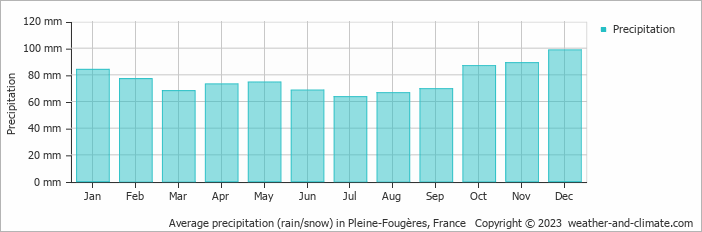 Average monthly rainfall, snow, precipitation in Pleine-Fougères, France