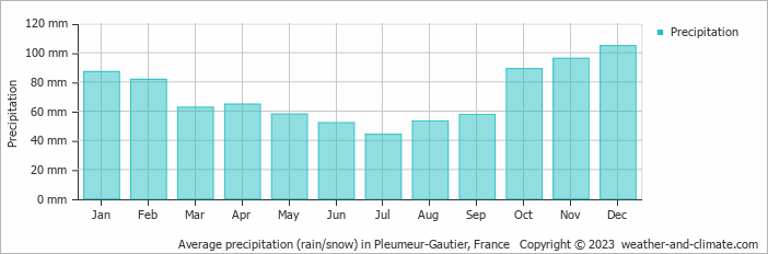 Average monthly rainfall, snow, precipitation in Pleumeur-Gautier, France