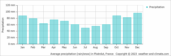Average monthly rainfall, snow, precipitation in Ploërdut, 